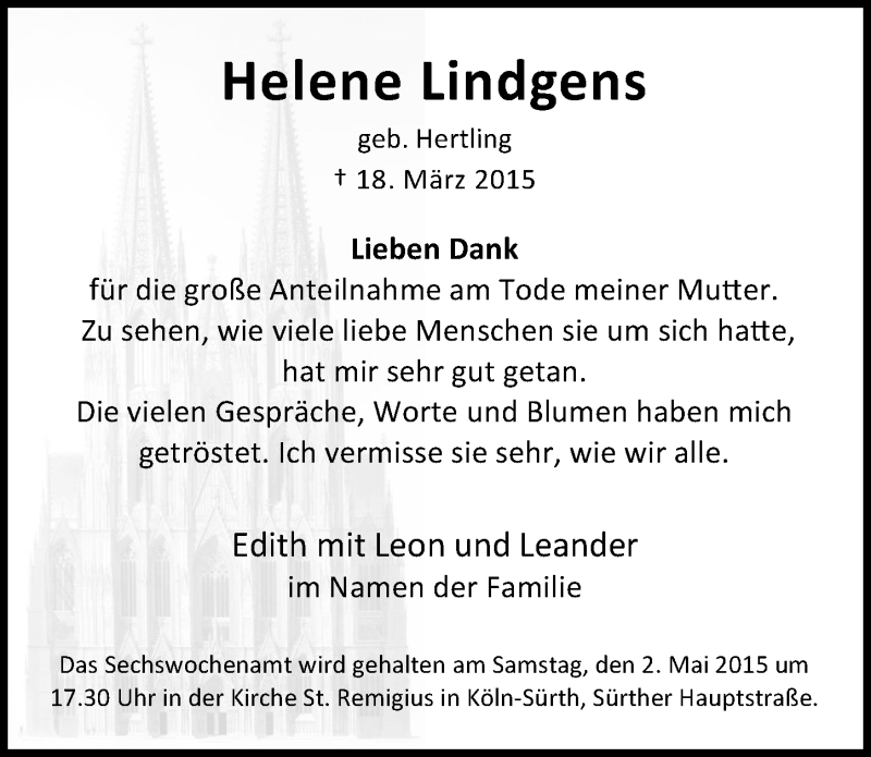  Traueranzeige für Helene Lindgens vom 15.04.2015 aus  Kölner Wochenspiegel 