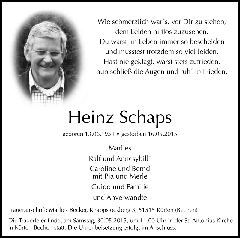  Traueranzeige für Heinz Schaps vom 23.05.2015 aus Kölner Stadt-Anzeiger / Kölnische Rundschau / Express