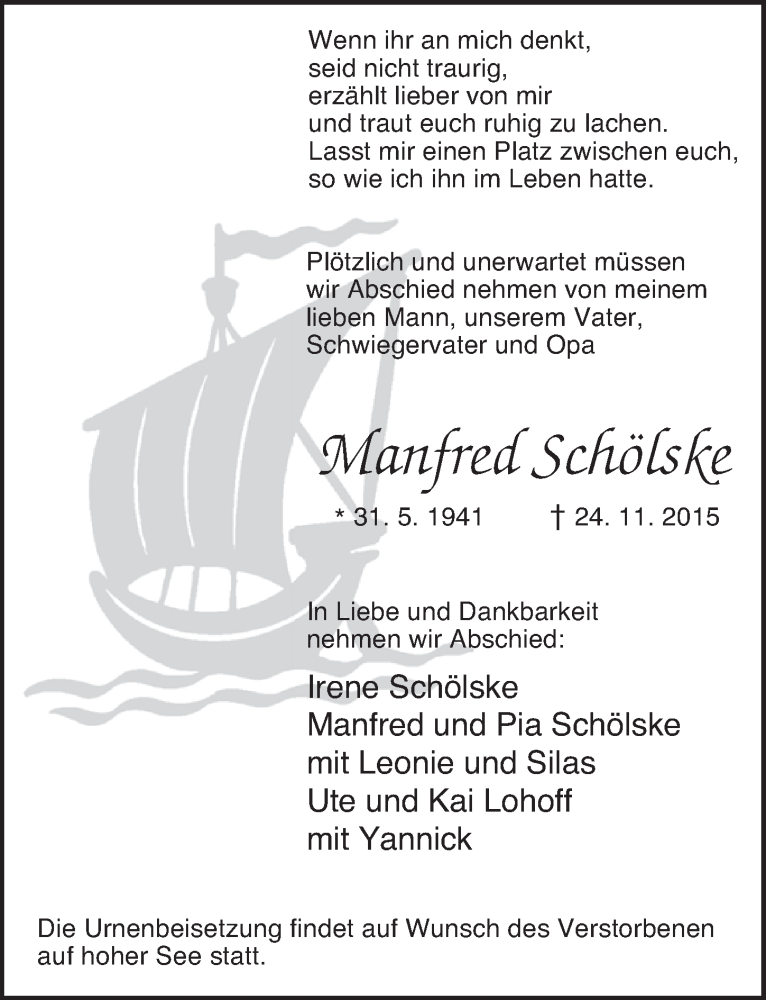  Traueranzeige für Manfred Schölske vom 02.12.2015 aus  Kölner Wochenspiegel 
