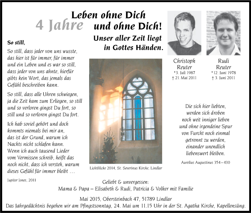  Traueranzeige für Christoph und Rudi Reuter vom 16.05.2015 aus Kölner Stadt-Anzeiger / Kölnische Rundschau / Express
