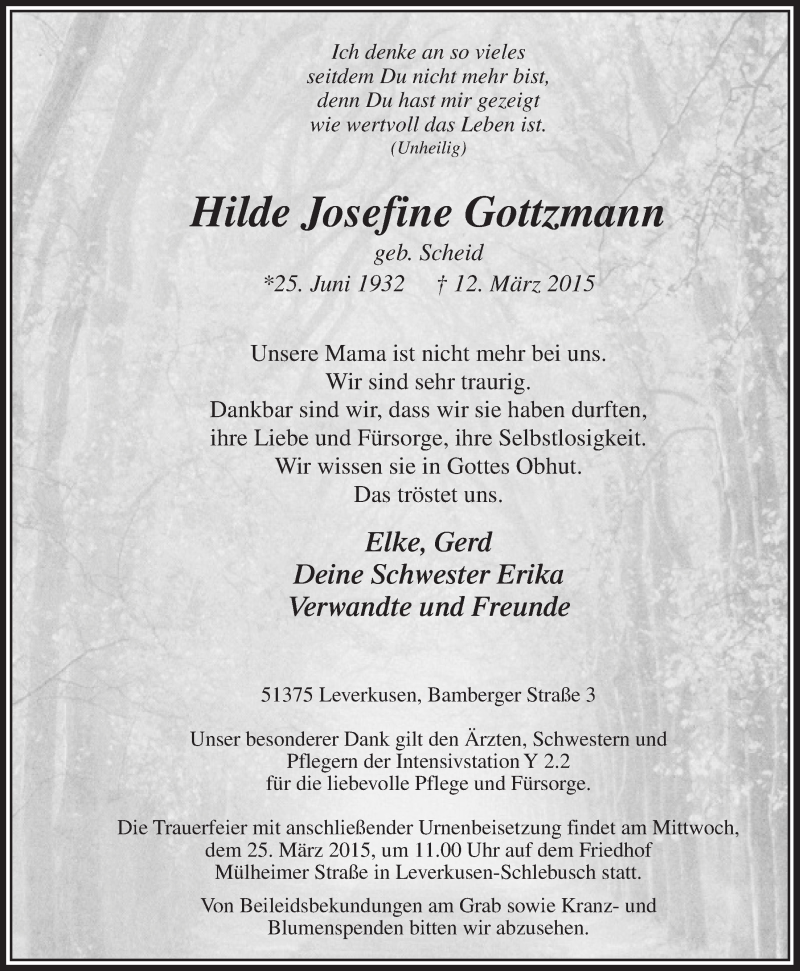  Traueranzeige für Hilde Josefine Gottzmann vom 18.03.2015 aus  Lokale Informationen 