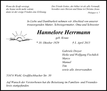 Anzeige von Hannelore Herrmann von Kölner Stadt-Anzeiger / Kölnische Rundschau / Express