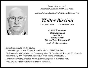 Anzeige von Walter Bischur von Kölner Stadt-Anzeiger / Kölnische Rundschau / Express