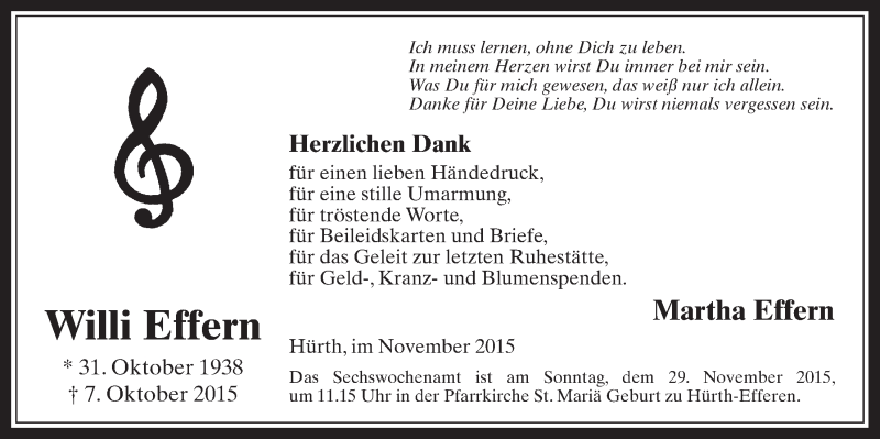  Traueranzeige für Willi Effern vom 11.11.2015 aus  Wochenende 