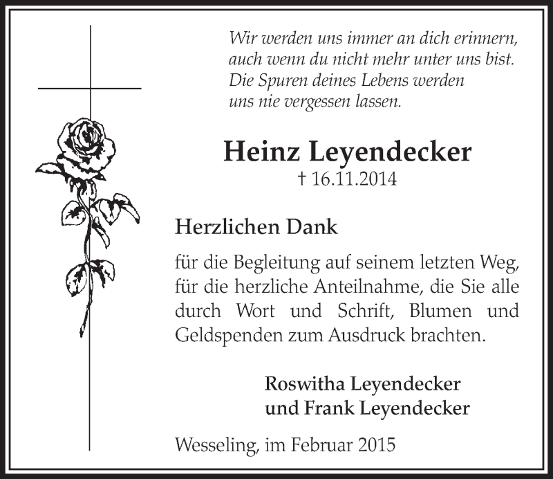  Traueranzeige für Heinz Leyendecker vom 04.02.2015 aus  Schlossbote/Werbekurier 