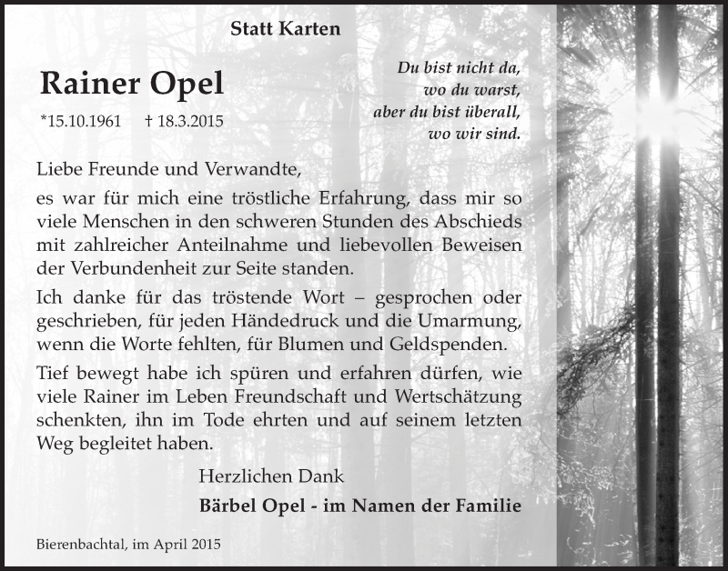  Traueranzeige für Rainer Opel vom 29.04.2015 aus  Lokalanzeiger 