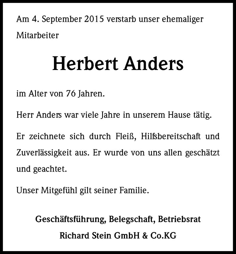 Traueranzeige für Herbert Anders vom 10.09.2015 aus Kölner Stadt-Anzeiger / Kölnische Rundschau / Express
