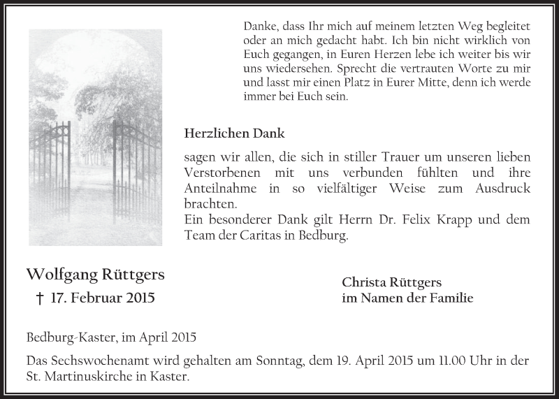  Traueranzeige für Wolfgang Rüttgers vom 08.04.2015 aus  Werbepost 