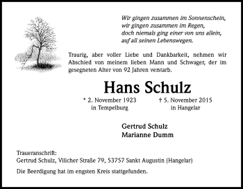Anzeige von Hans Schulz von Köln - Wir Trauern