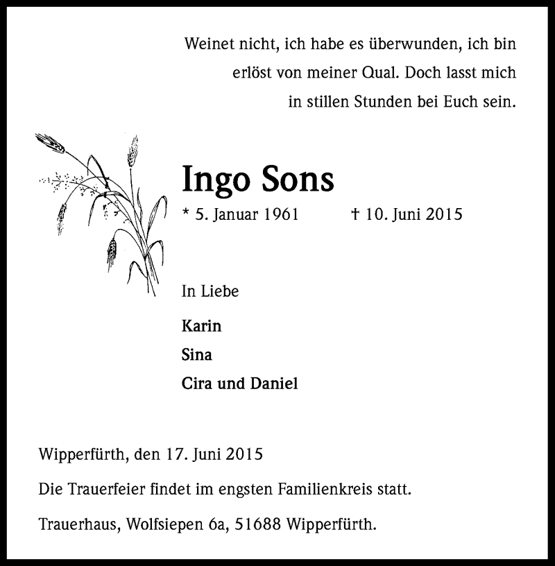  Traueranzeige für Ingo Sons vom 17.06.2015 aus Kölner Stadt-Anzeiger / Kölnische Rundschau / Express