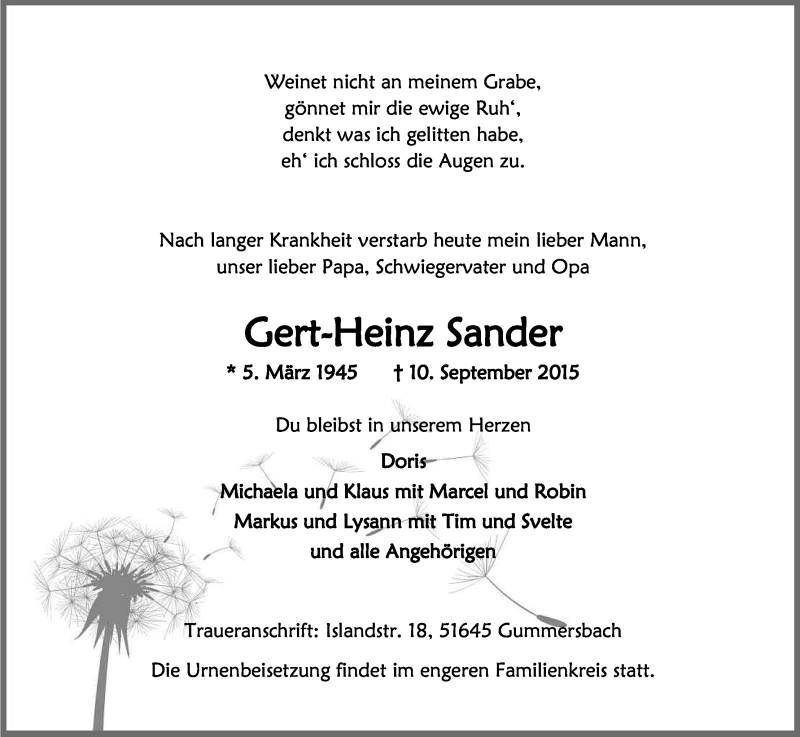  Traueranzeige für Gert-Heinz Sander vom 12.09.2015 aus Kölner Stadt-Anzeiger / Kölnische Rundschau / Express