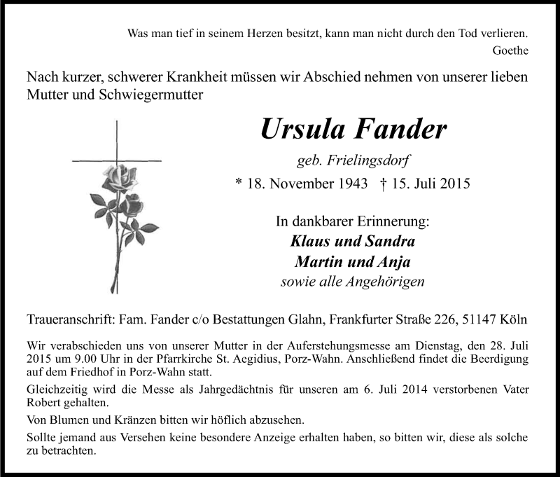 Traueranzeige für Ursula Fander vom 25.07.2015 aus Kölner Stadt-Anzeiger / Kölnische Rundschau / Express