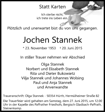Anzeige von Jochen Stannek von Kölner Stadt-Anzeiger / Kölnische Rundschau / Express