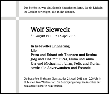 Anzeige von Wolf Sieweck von Kölner Stadt-Anzeiger / Kölnische Rundschau / Express