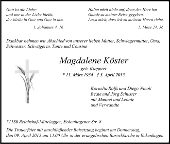 Anzeige von Magdalene Köster von Kölner Stadt-Anzeiger / Kölnische Rundschau / Express