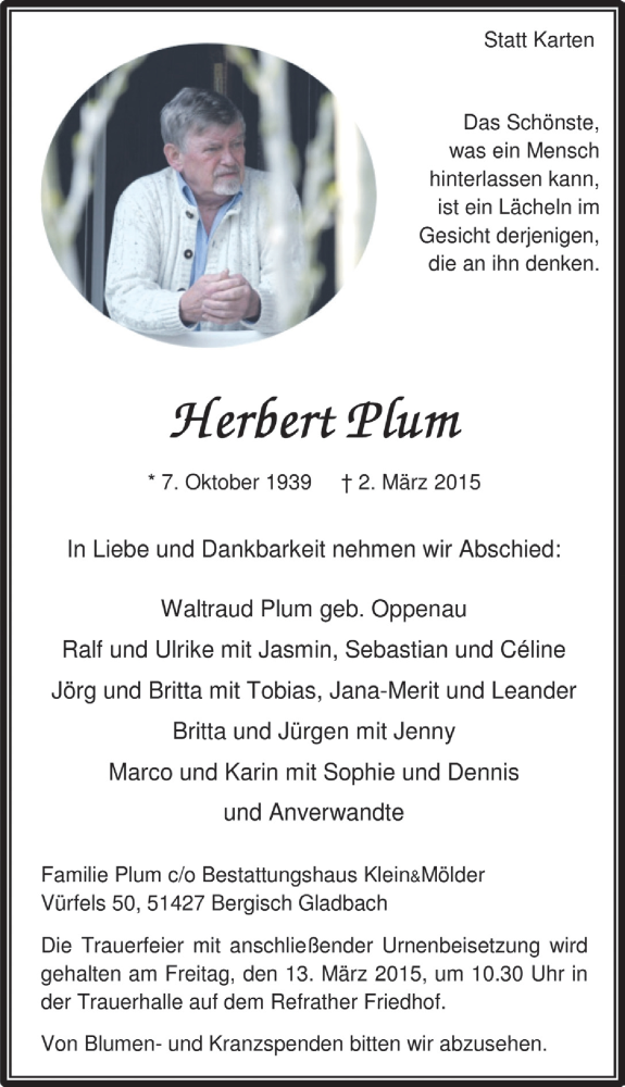 Traueranzeige für Herbert Plum vom 11.03.2015 aus  Bergisches Handelsblatt 
