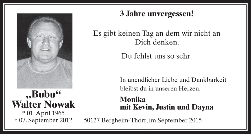  Traueranzeige für Walter Nowak vom 02.09.2015 aus  Werbepost 