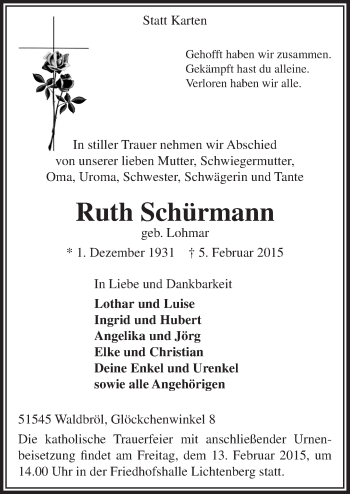Anzeige von Ruth Schürmann von  Lokalanzeiger 