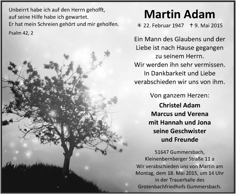  Traueranzeige für Martin Adam vom 13.05.2015 aus  Anzeigen Echo 