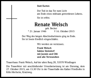 Anzeige von Renate Welsch von Kölner Stadt-Anzeiger / Kölnische Rundschau / Express