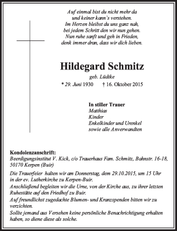 Anzeige von Hildegard Schmitz von  Sonntags-Post 