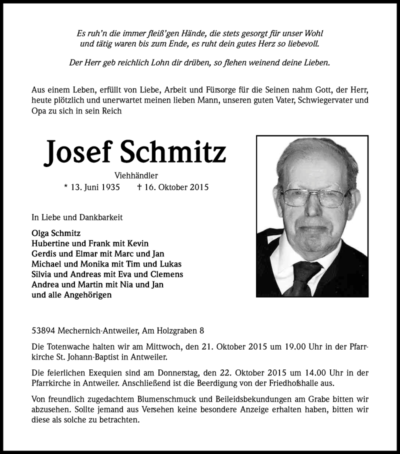  Traueranzeige für Josef Schmitz vom 20.10.2015 aus Kölner Stadt-Anzeiger / Kölnische Rundschau / Express