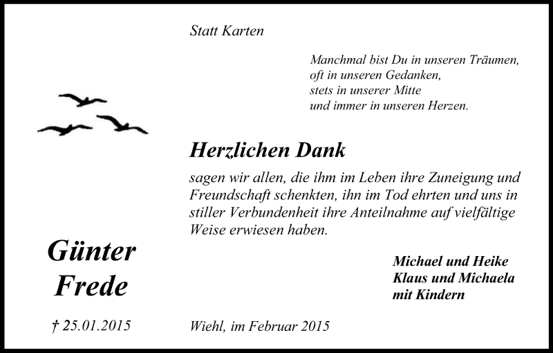  Traueranzeige für Günter Frede vom 28.02.2015 aus Kölner Stadt-Anzeiger / Kölnische Rundschau / Express