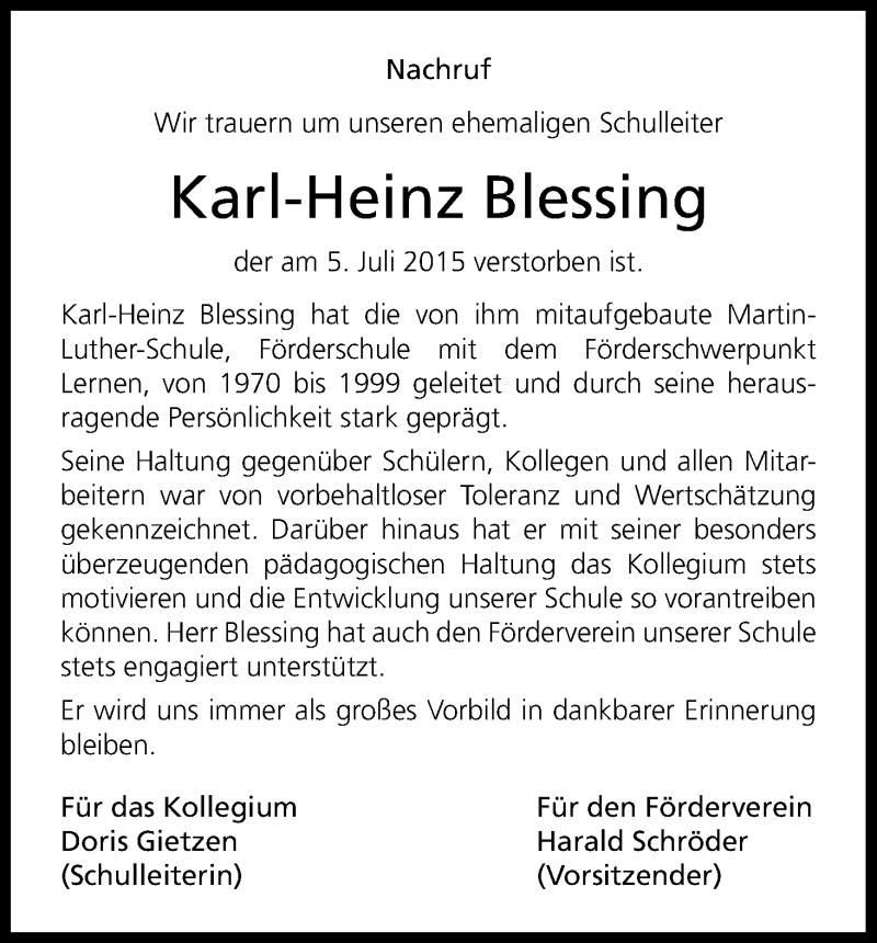  Traueranzeige für Karl-Heinz Blessing vom 29.08.2015 aus Kölner Stadt-Anzeiger / Kölnische Rundschau / Express