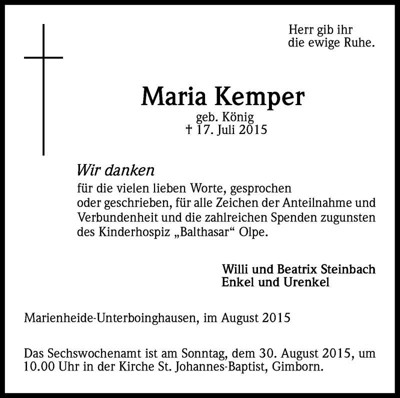  Traueranzeige für Maria Kemper vom 15.08.2015 aus Kölner Stadt-Anzeiger / Kölnische Rundschau / Express
