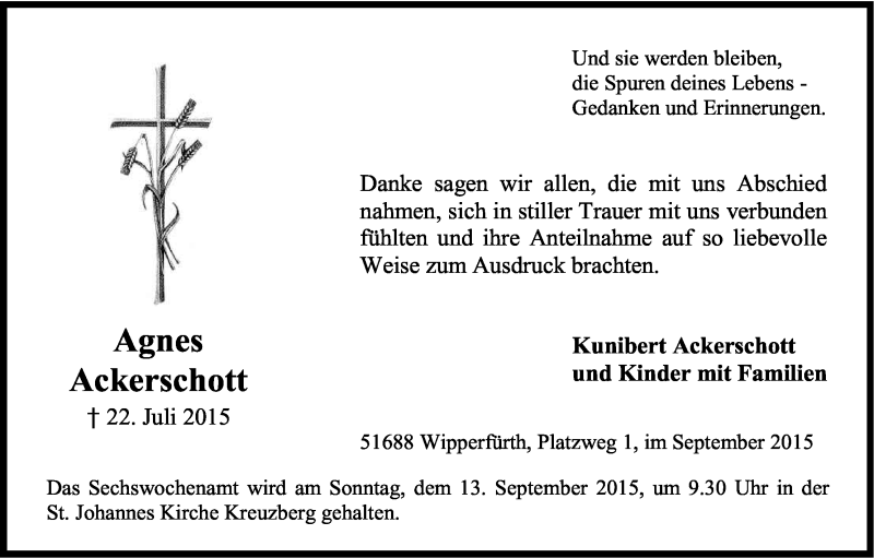  Traueranzeige für Agnes Ackerschott vom 04.09.2015 aus Kölner Stadt-Anzeiger / Kölnische Rundschau / Express