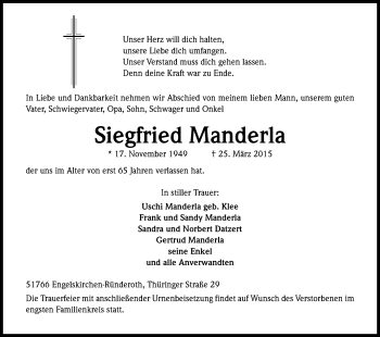 Anzeige von Siegfried Manderla von Kölner Stadt-Anzeiger / Kölnische Rundschau / Express
