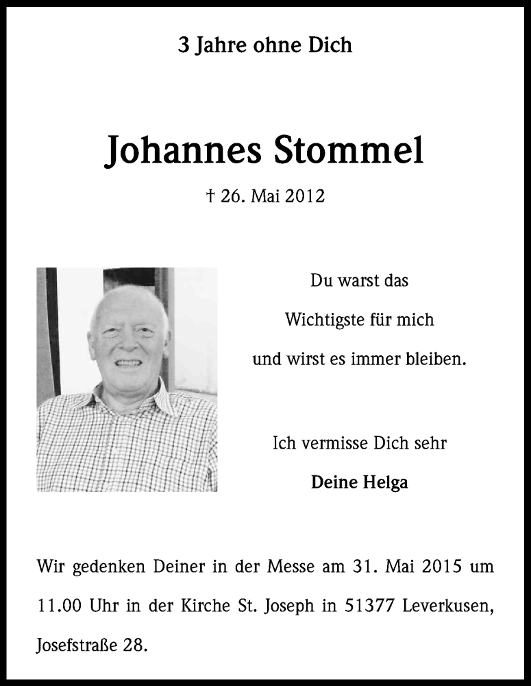  Traueranzeige für Johannes Stommel vom 26.05.2015 aus Kölner Stadt-Anzeiger / Kölnische Rundschau / Express
