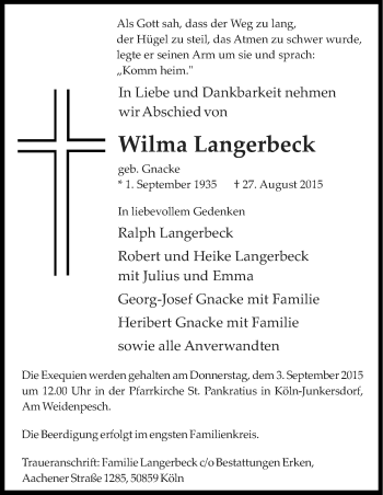 Anzeige von Wilma Langerbeck von Kölner Stadt-Anzeiger / Kölnische Rundschau / Express