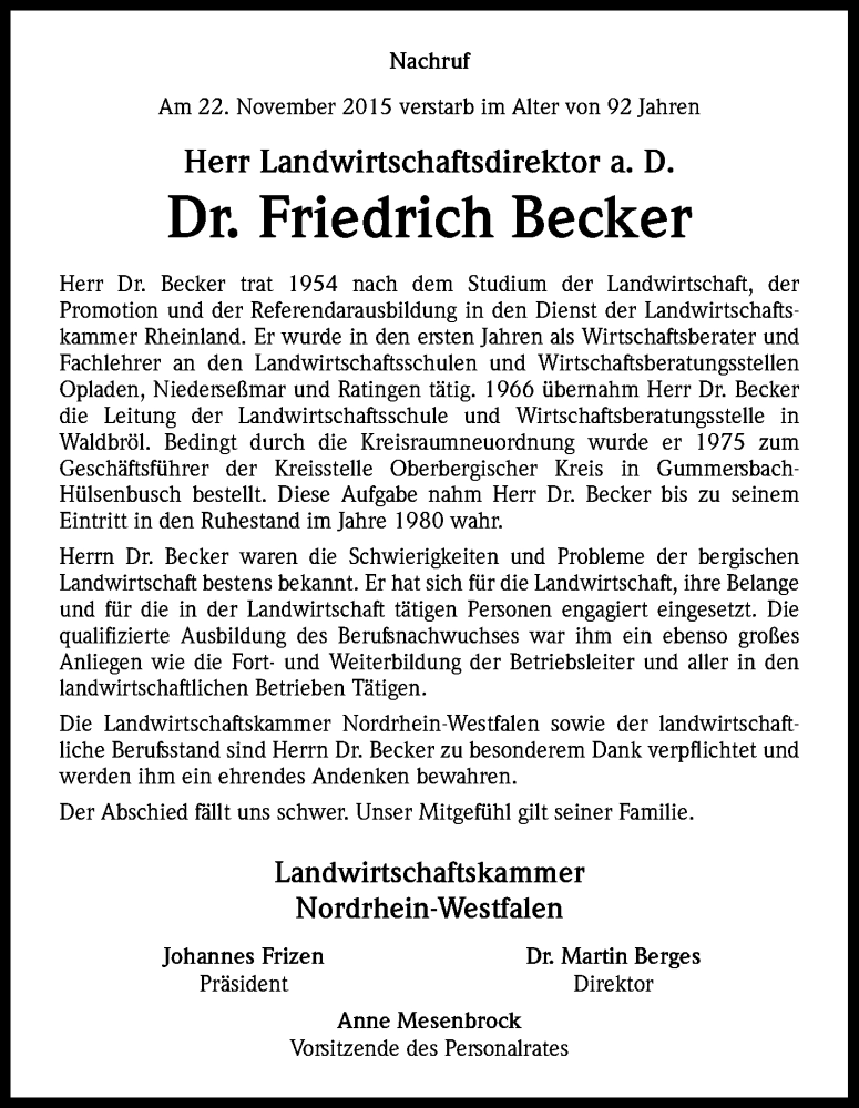  Traueranzeige für Friedrich Becker vom 05.12.2015 aus Kölner Stadt-Anzeiger / Kölnische Rundschau / Express