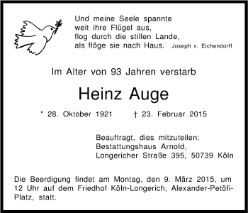 Anzeige von Heinz Auge von Kölner Stadt-Anzeiger / Kölnische Rundschau / Express