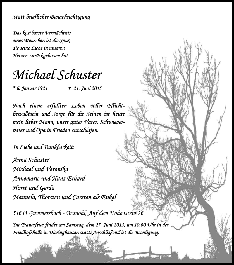  Traueranzeige für Michael Schuster vom 24.06.2015 aus Kölner Stadt-Anzeiger / Kölnische Rundschau / Express