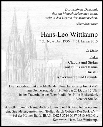 Anzeige von Hans-Leo Wittkamp von Kölner Stadt-Anzeiger / Kölnische Rundschau / Express