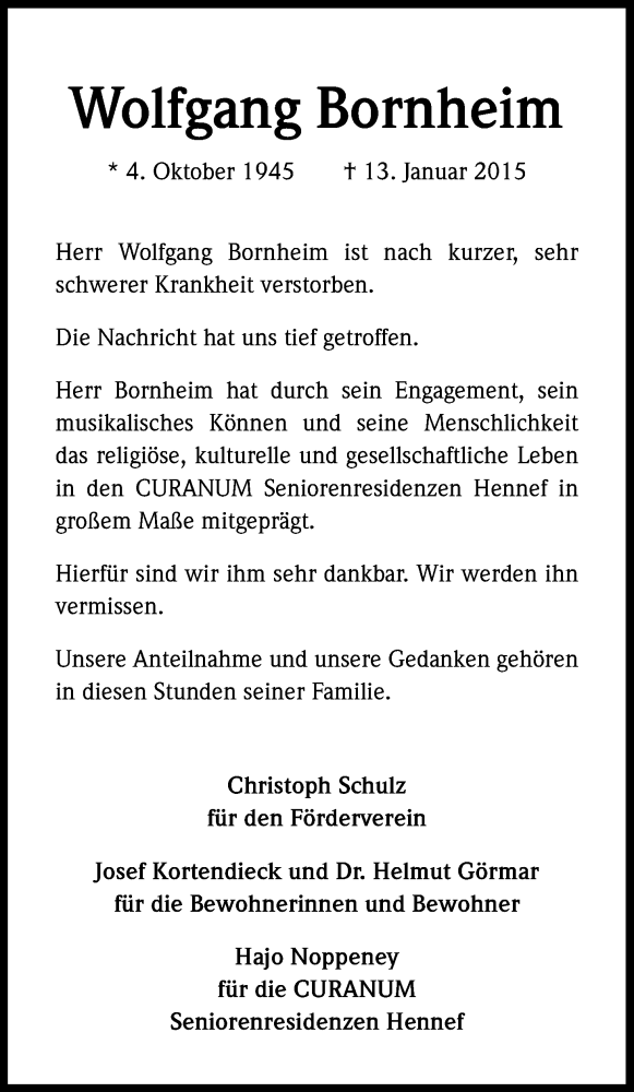 Traueranzeige für Wolfgang Bornheim vom 16.01.2015 aus Kölner Stadt-Anzeiger / Kölnische Rundschau / Express