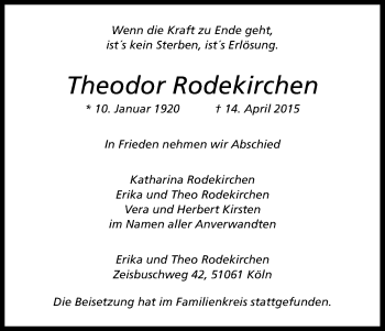 Anzeige von Theodor Rodekirchen von Kölner Stadt-Anzeiger / Kölnische Rundschau / Express