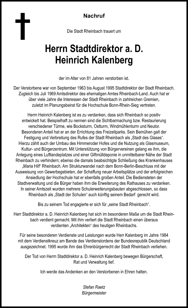  Traueranzeige für Heinrich Kalenberg vom 04.04.2015 aus Kölner Stadt-Anzeiger / Kölnische Rundschau / Express