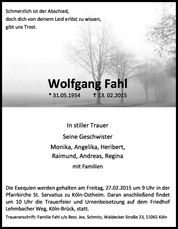 Anzeige von Wolfgang Fahl von Kölner Stadt-Anzeiger / Kölnische Rundschau / Express