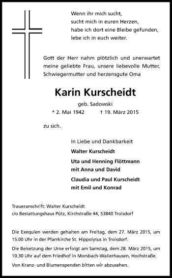 Anzeige von Karin Kurscheidt von Kölner Stadt-Anzeiger / Kölnische Rundschau / Express