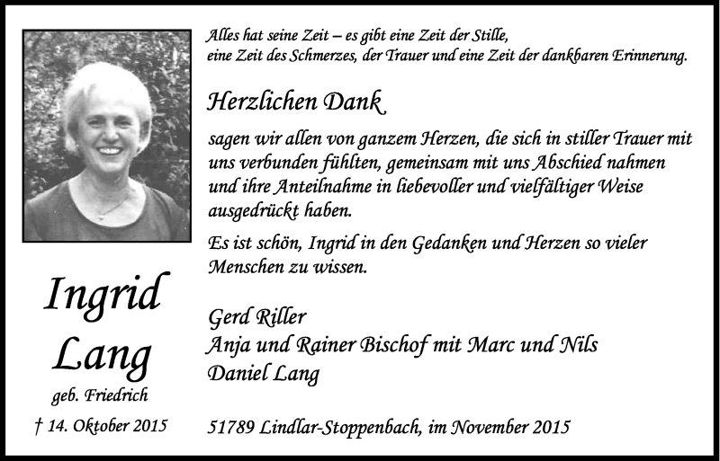  Traueranzeige für Ingrid Lang vom 21.11.2015 aus Kölner Stadt-Anzeiger / Kölnische Rundschau / Express