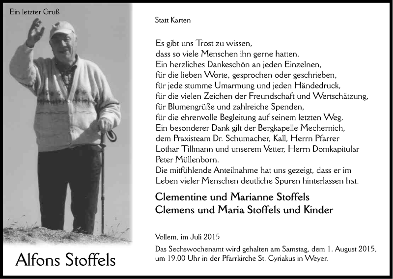  Traueranzeige für Alfons Stoffels vom 25.07.2015 aus Kölner Stadt-Anzeiger / Kölnische Rundschau / Express