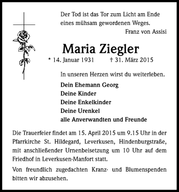 Anzeige von Maria Ziegler von Kölner Stadt-Anzeiger / Kölnische Rundschau / Express