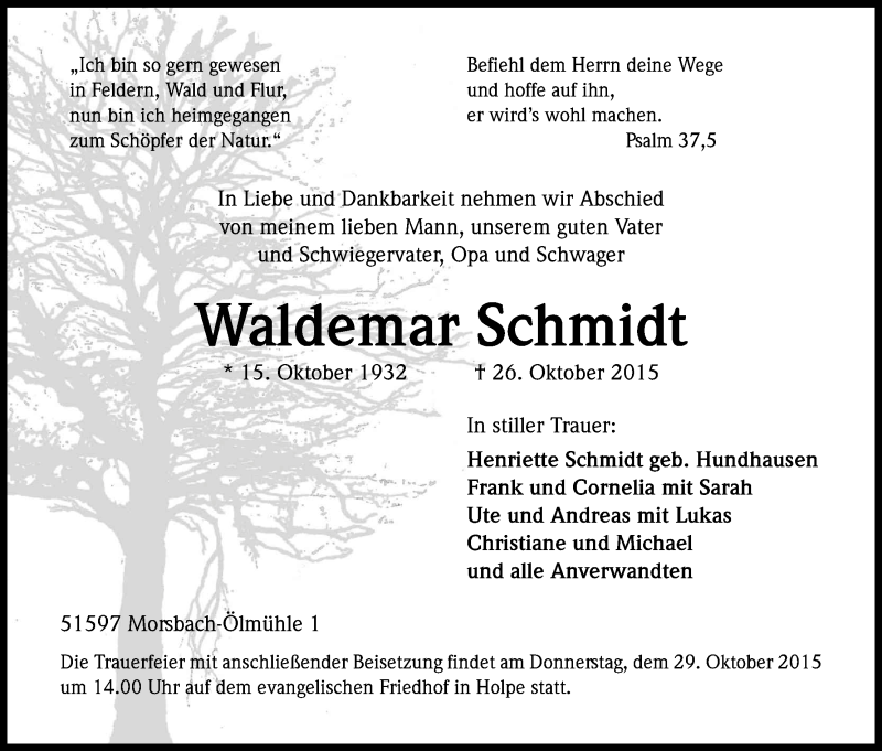  Traueranzeige für Waldemar Schmidt vom 28.10.2015 aus Kölner Stadt-Anzeiger / Kölnische Rundschau / Express