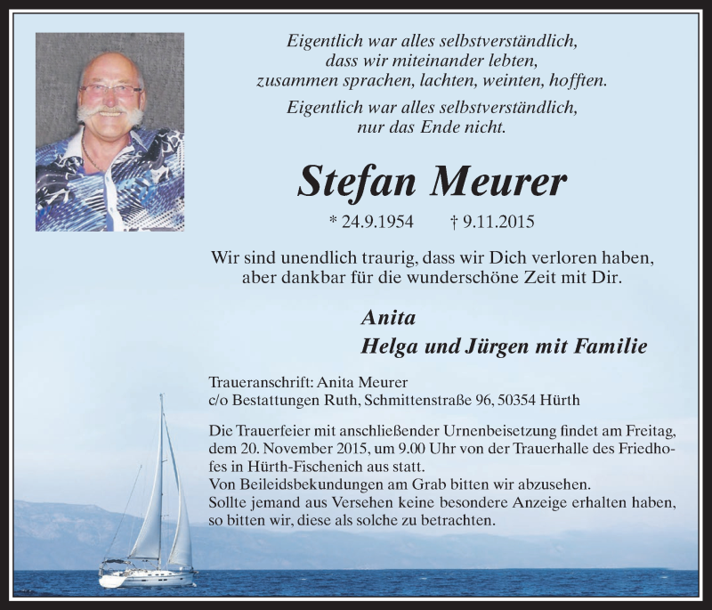  Traueranzeige für Stefan Meurer vom 18.11.2015 aus  Wochenende 