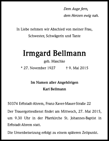 Anzeige von Irmgard Bellmann von Kölner Stadt-Anzeiger / Kölnische Rundschau / Express