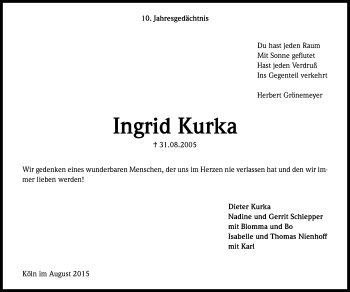 Anzeige von Ingrid Kurka von Kölner Stadt-Anzeiger / Kölnische Rundschau / Express