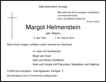 Anzeige von Margot Helmenstein von Kölner Stadt-Anzeiger / Kölnische Rundschau / Express